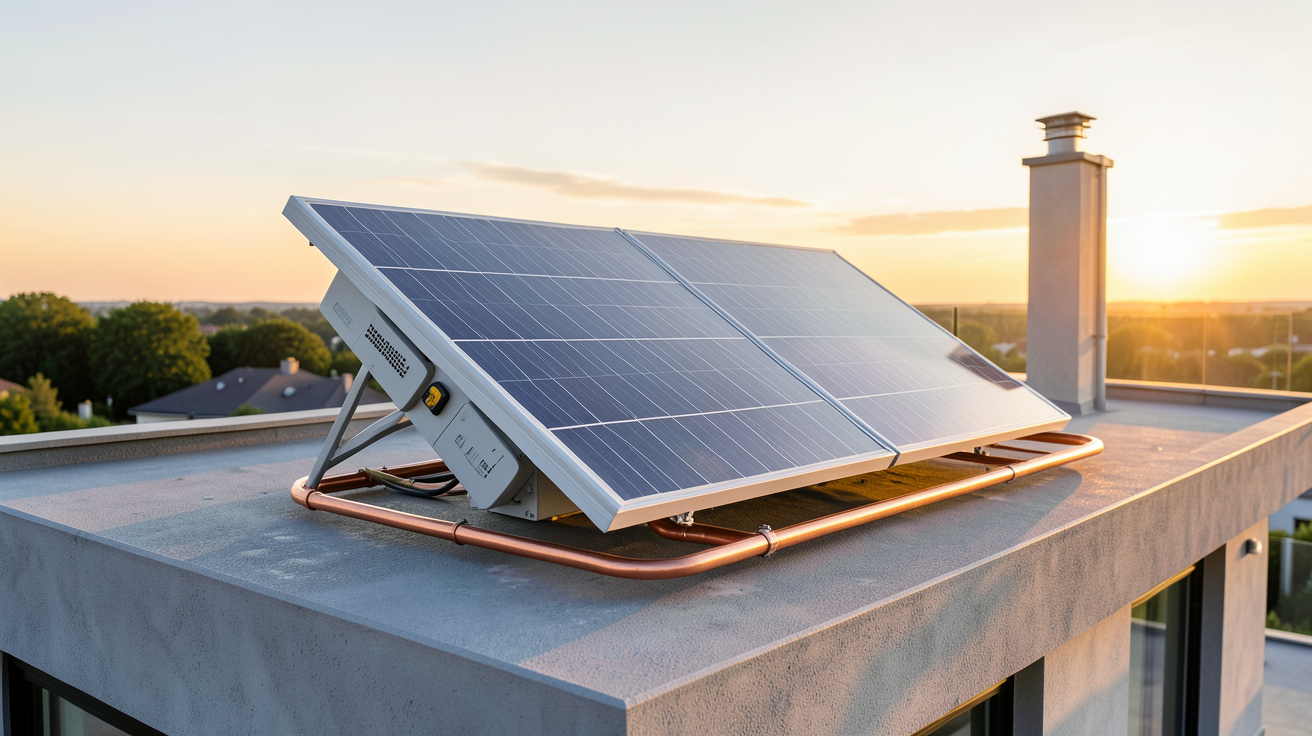 ballon d'eau chaude solaire monobloc installé sur un toit-terrasse avec vue sur une maison contemporaine