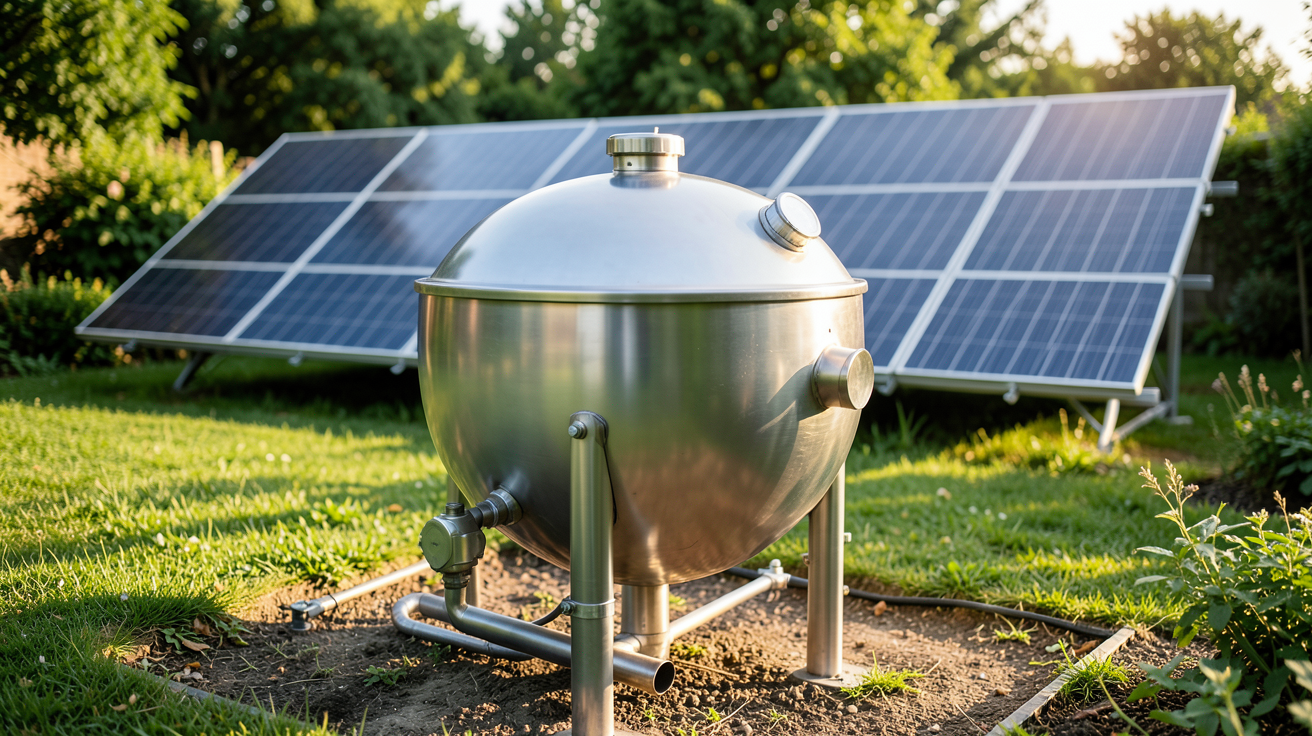 ballon eau chaude solaire prix : ballon d'eau chaude solaire avec panneaux thermiques en arrière-plan, illustrant les critères de sélection