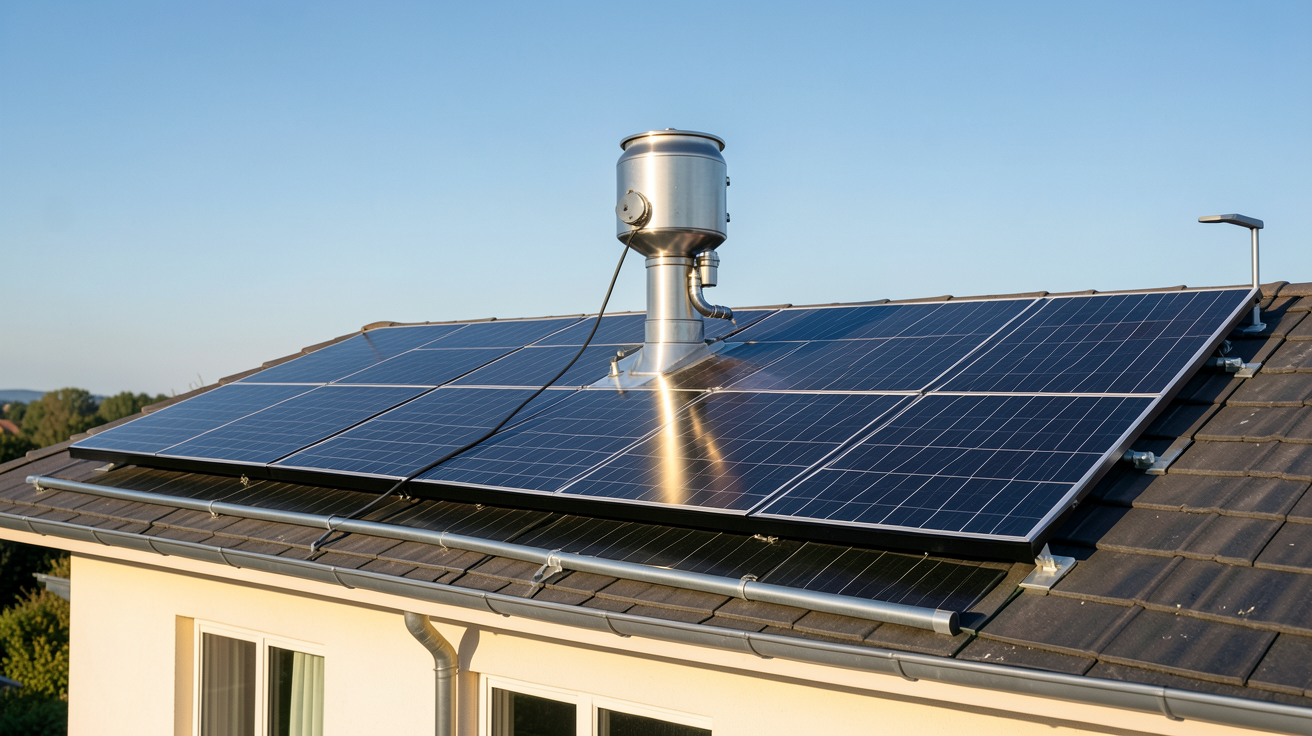 ballon eau chaude solaire de type thermosiphon installé sur le toit d'une maison avec panneaux solaires thermiques