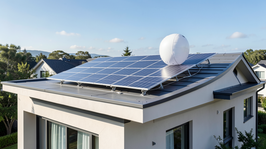 ballon eau solaire installé sur le toit d'une maison moderne, capturé en plein jour avec une lumière naturelle