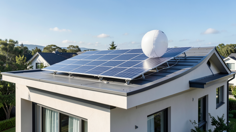 ballon eau solaire installé sur le toit d'une maison moderne, capturé en plein jour avec une lumière naturelle