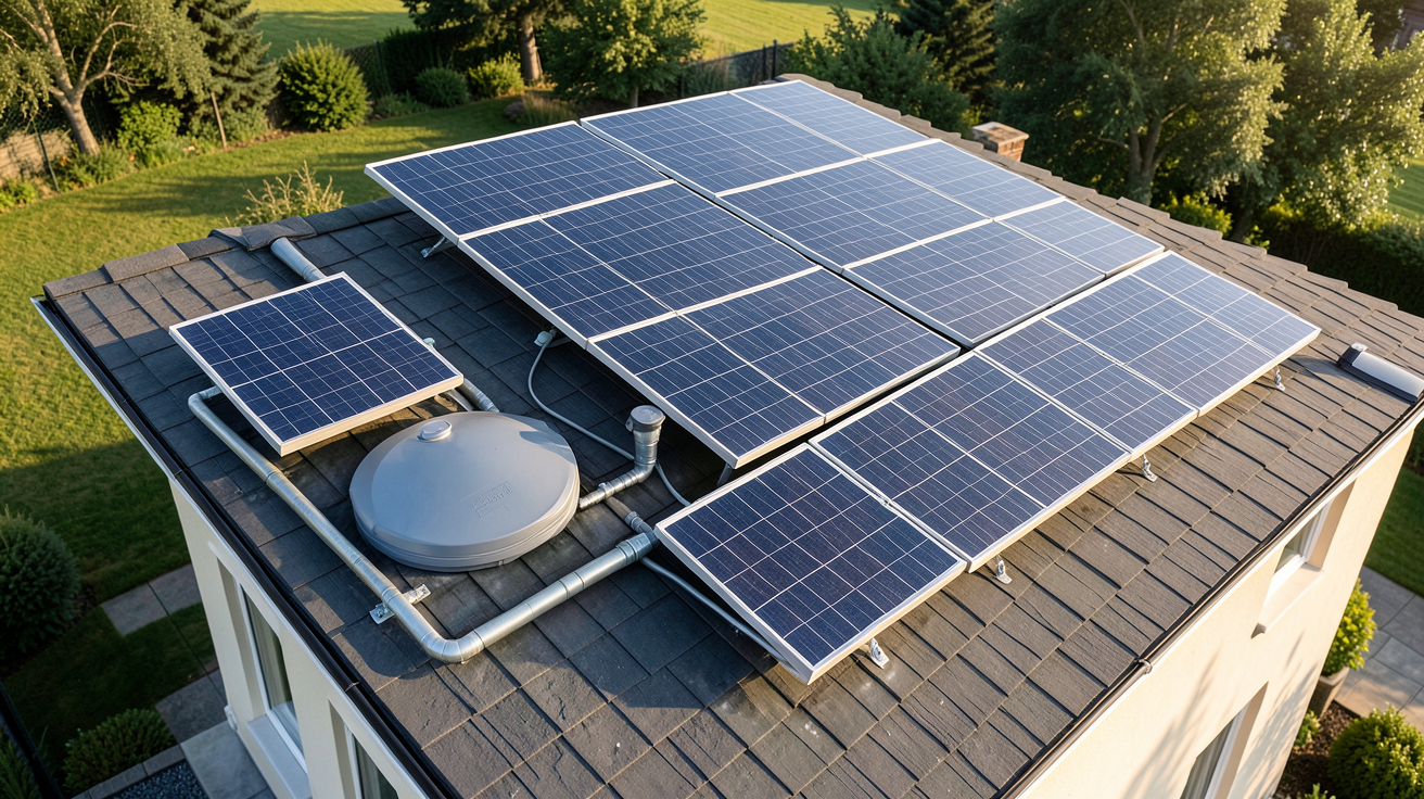 ballon solaire installé sur le toit d'une maison individuelle avec panneaux thermiques