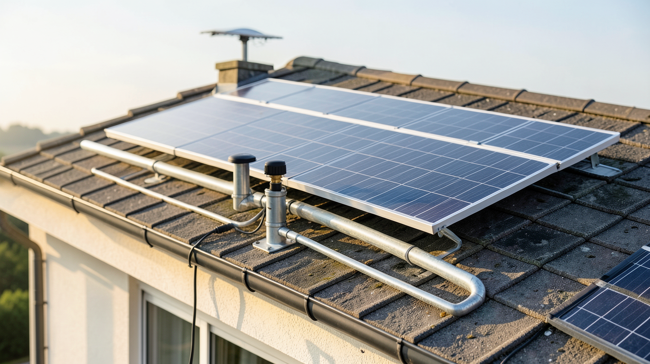 ballon thermodynamique avec panneau solaire thermique installé sur un toit de maison pour le dimensionnement énergétique