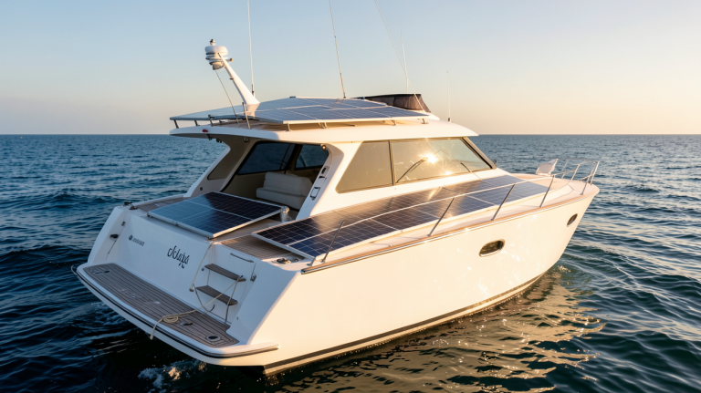 bateau équipé de panneaux solaires naviguant en mer par temps ensoleillé