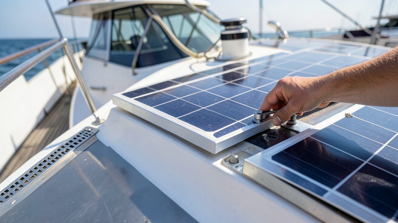 bateau panneau solaire en cours d'installation avec l'équipement technique nécessaire