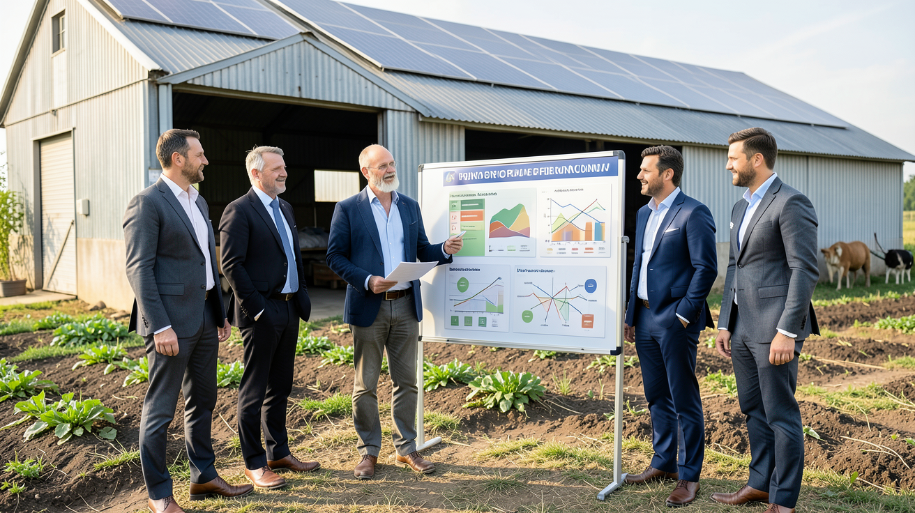 batiment agricole solaire montrant différents modèles de financement d’un hangar photovoltaïque agricole avec un agriculteur, un banquier et un investisseur