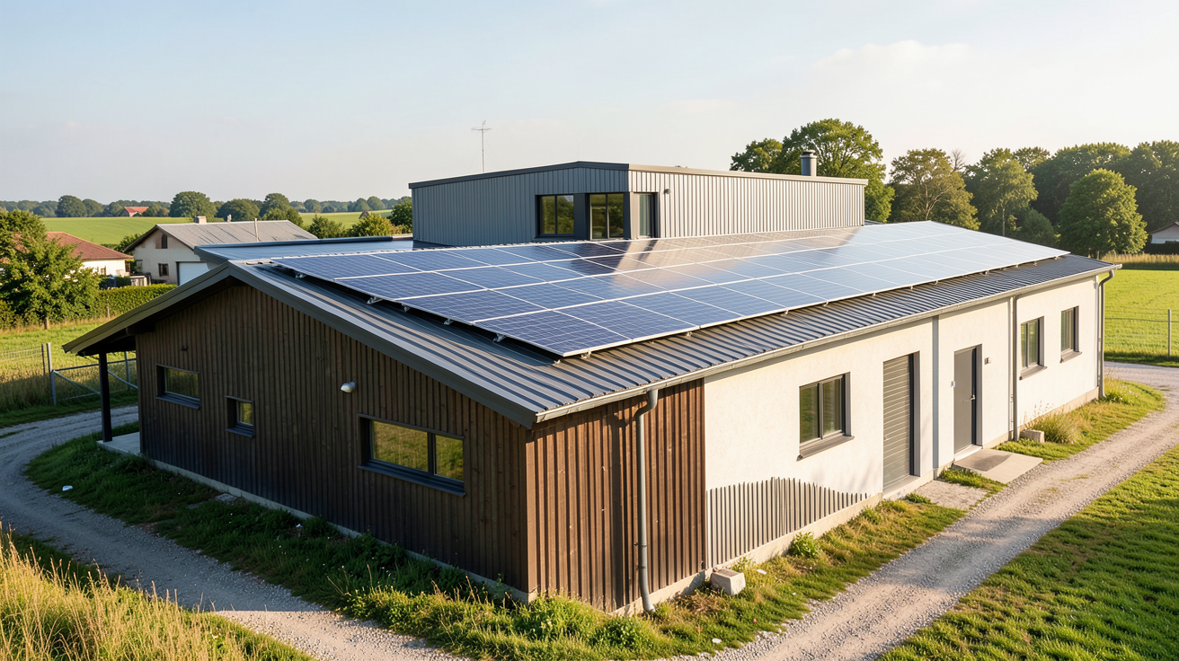 bâtiment agricole photovoltaïque avec panneaux solaires sur le toit et bureau administratif en arrière-plan