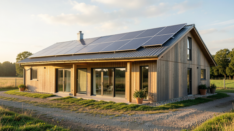 bâtiment agricole photovoltaïque avec panneaux solaires sur un toit moderne en milieu rural