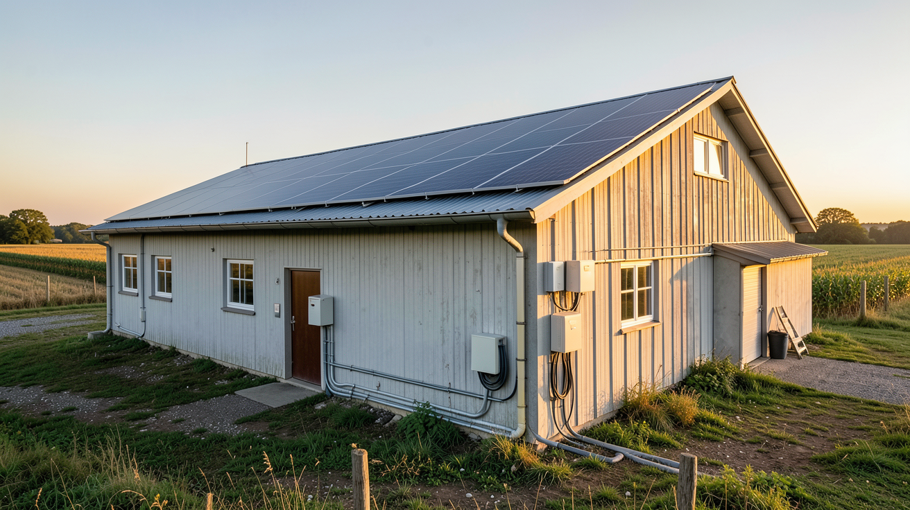 bâtiment agricole photovoltaïque avec panneaux solaires sur le toit, illustrant les options de financement et aides disponibles