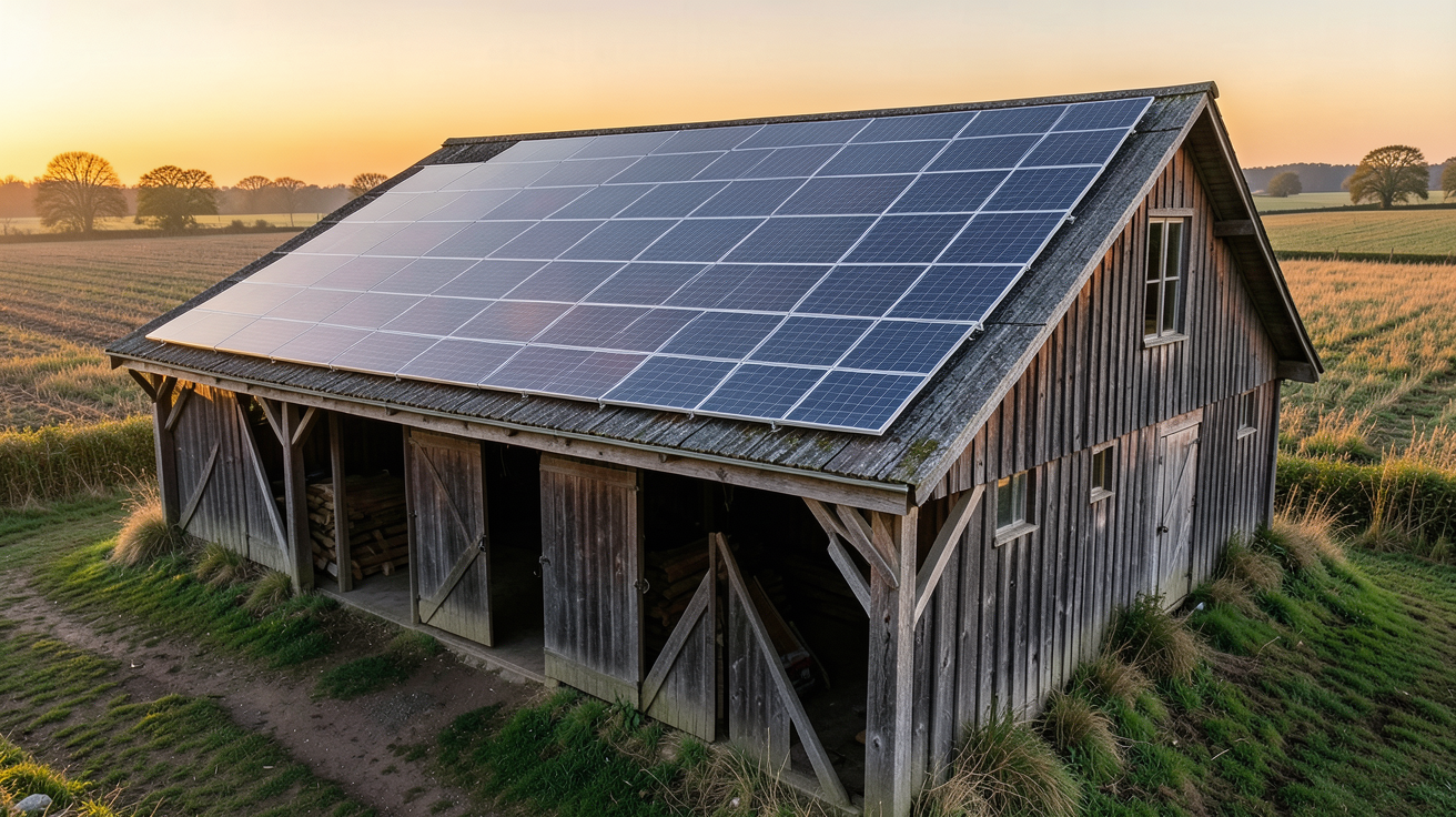 bâtiment agricole photovoltaïque : grange équipée de panneaux solaires sur son toit dans un paysage rural