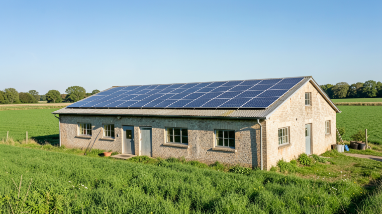 batiment agricole solaire avec panneaux solaires sur le toit d'une grange entourée de champs