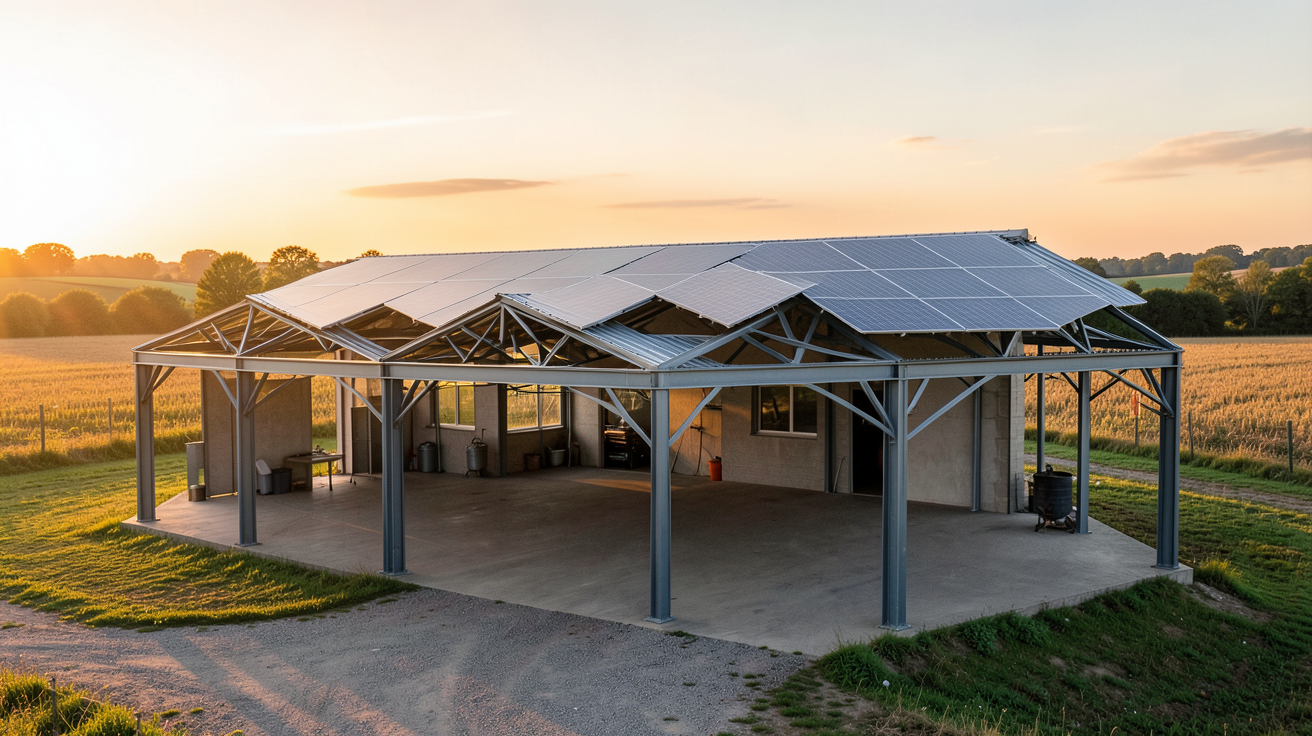 bâtiment photovoltaïque agricole symétrique avec panneaux solaires sur une ferme moderne