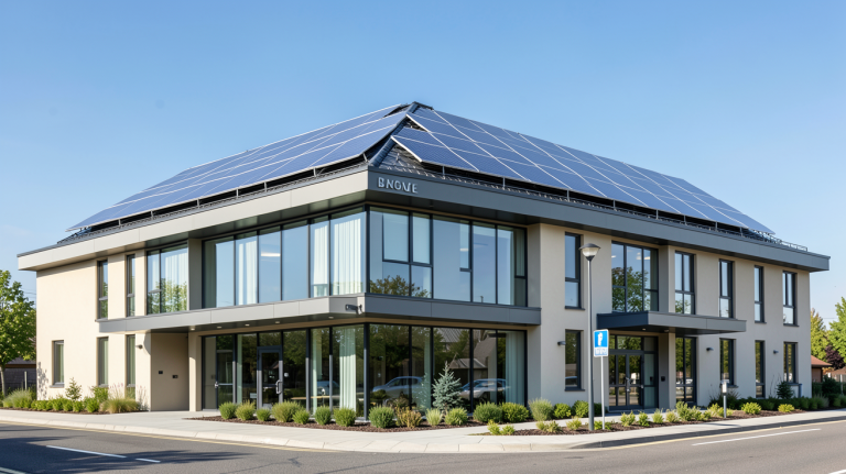 batiment photovoltaique moderne avec des panneaux solaires installés sur la structure