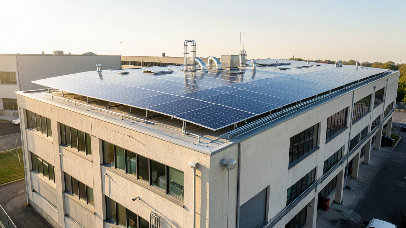 bâtiment photovoltaïque équipé de panneaux solaires sur son toit, vue extérieure