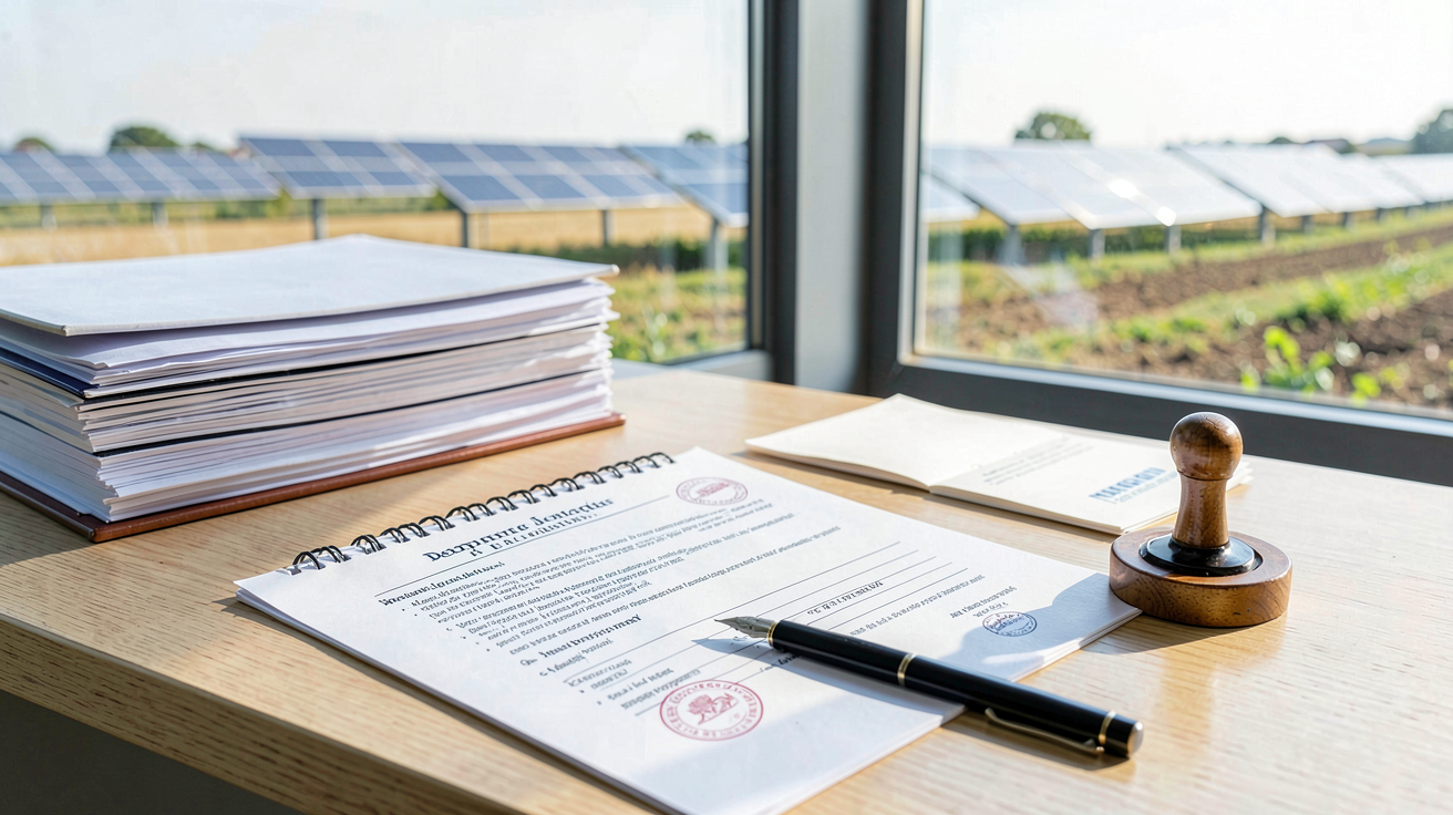bâtiments photovoltaïque agricole : bureau administratif avec dossiers et formulaires pour démarches réglementaires