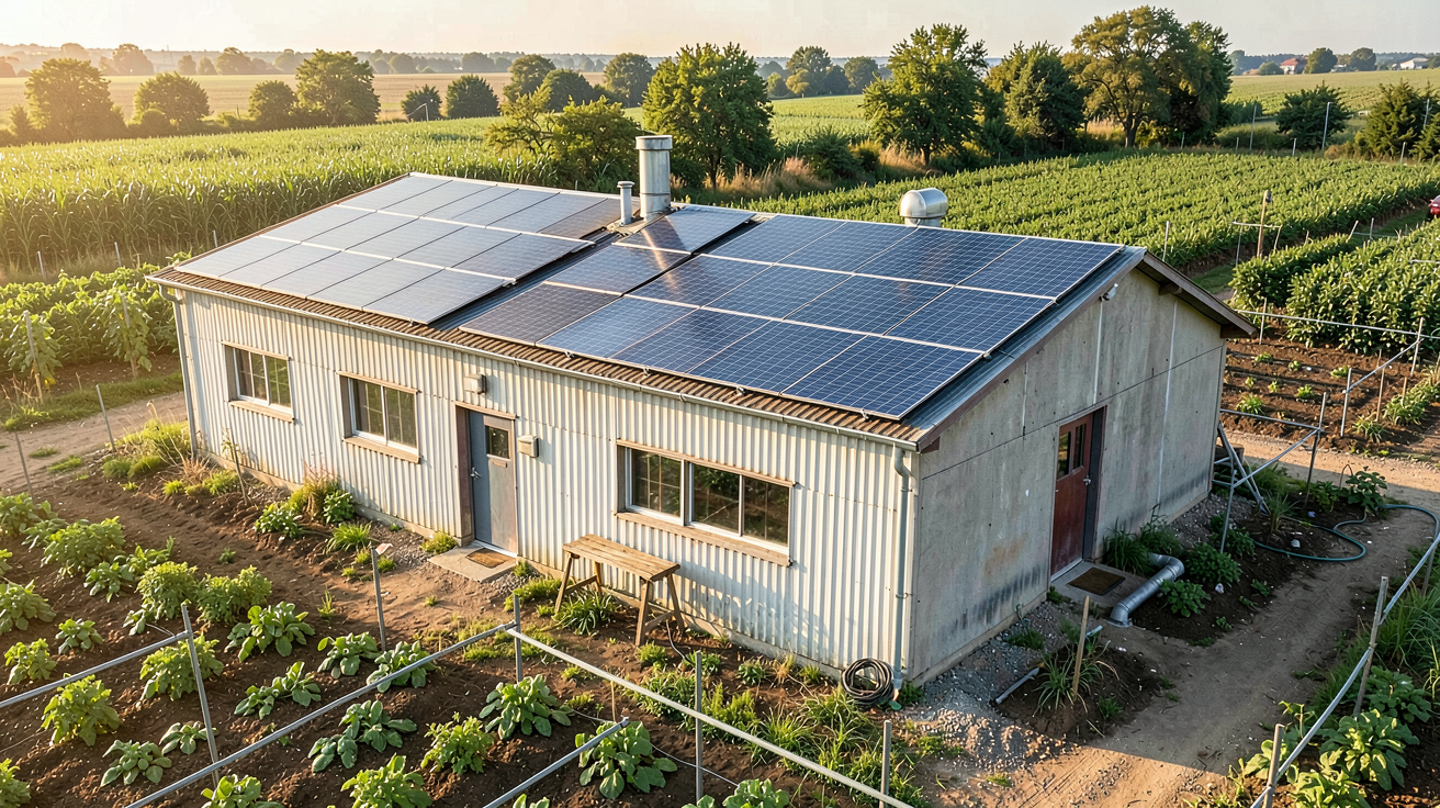 bâtiments photovoltaïque agricole avec panneaux solaires sur un toit de ferme pour étude de retour sur investissement