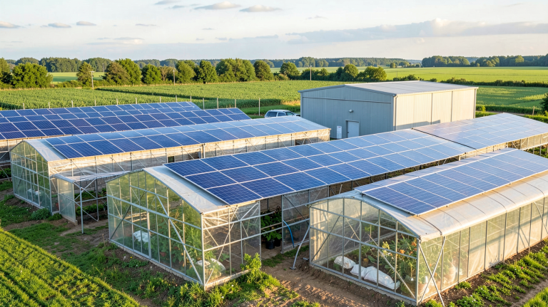 batiments photovoltaique agricole montrant des structures agricoles avec des toits couverts de panneaux solaires sous une lumière naturelle
