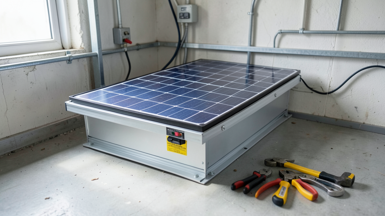 batterie au lithium pour panneau solaire en cours d'installation avec outils professionnels