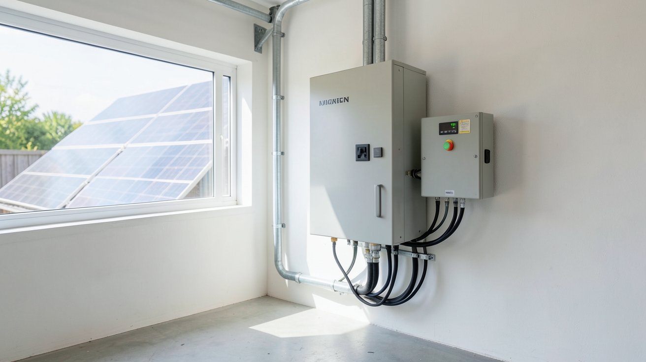 batterie autoconsommation photovoltaïque installée dans un garage avec des panneaux solaires visibles par une fenêtre