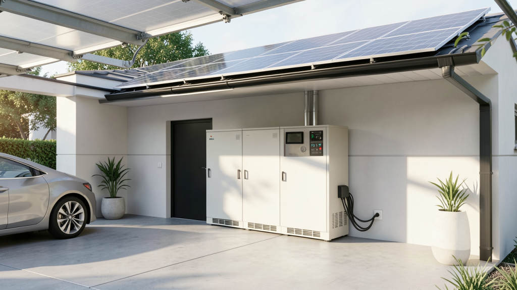 batterie d'autoconsommation photovoltaïque installée dans un garage moderne avec panneaux solaires sur le toit