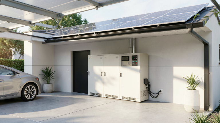batterie d'autoconsommation photovoltaïque installée dans un garage moderne avec panneaux solaires sur le toit