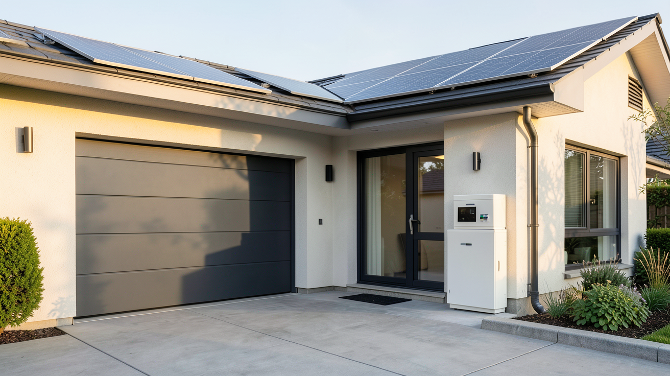 batterie de stockage pour autoconsommation photovoltaïque installée dans un garage moderne avec panneaux solaires sur le toit