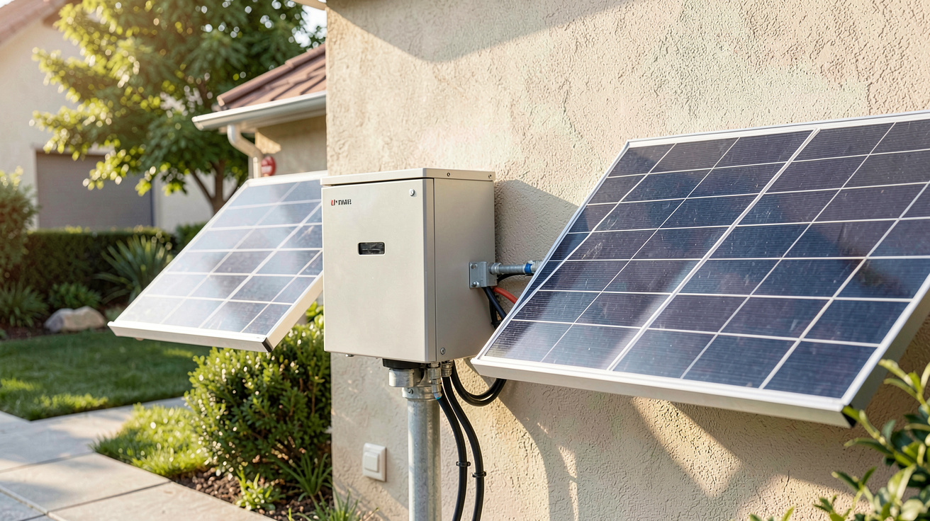 batterie autonome solaire installée à côté de panneaux photovoltaïques illustrant son fonctionnement de stockage et de distribution d'énergie
