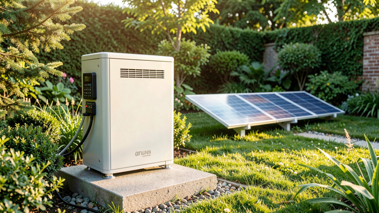 batterie autonome solaire installée dans un jardin avec des panneaux photovoltaïques en arrière-plan