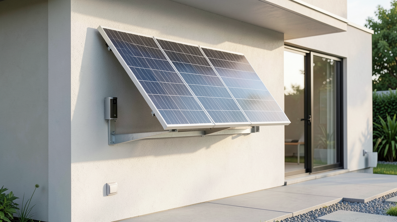 batterie avec panneau solaire installée sur le mur extérieur d'une résidence contemporaine