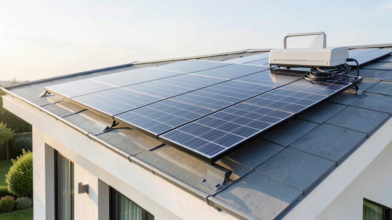 batterie avec panneau solaire montrant un kit solaire avec batterie installé sur le toit d'une maison