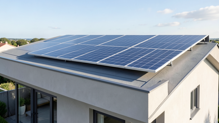 batterie avec panneau solaire installée sur le toit d'une maison moderne