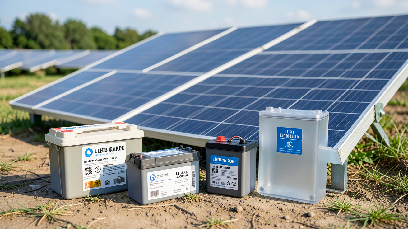 batterie avec panneau solaire montrant différents types de batteries solaires devant un panneau solaire