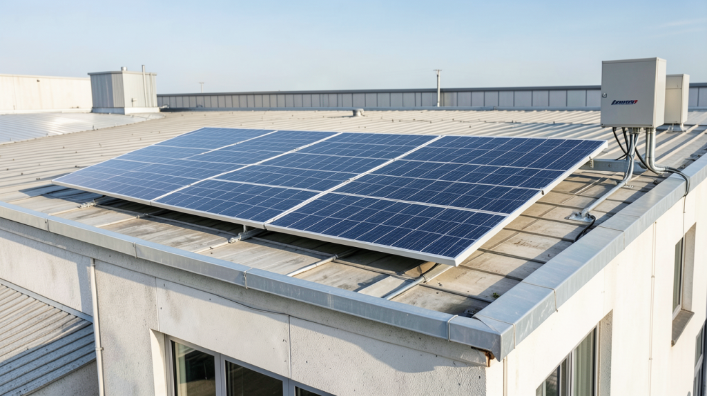 batterie de stockage panneau photovoltaique installée sur le toit d'un bâtiment industriel, avec des panneaux solaires en arrière-plan sous une lumière naturelle éclatante