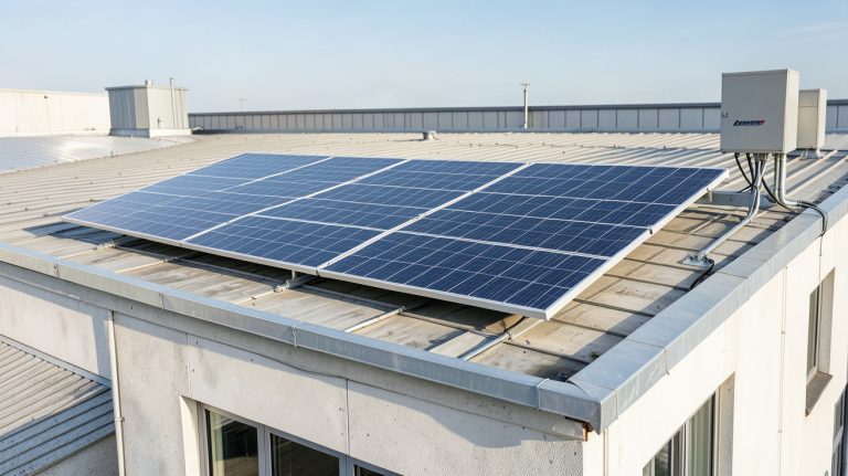 batterie de stockage panneau photovoltaique installée sur le toit d'un bâtiment industriel, avec des panneaux solaires en arrière-plan sous une lumière naturelle éclatante