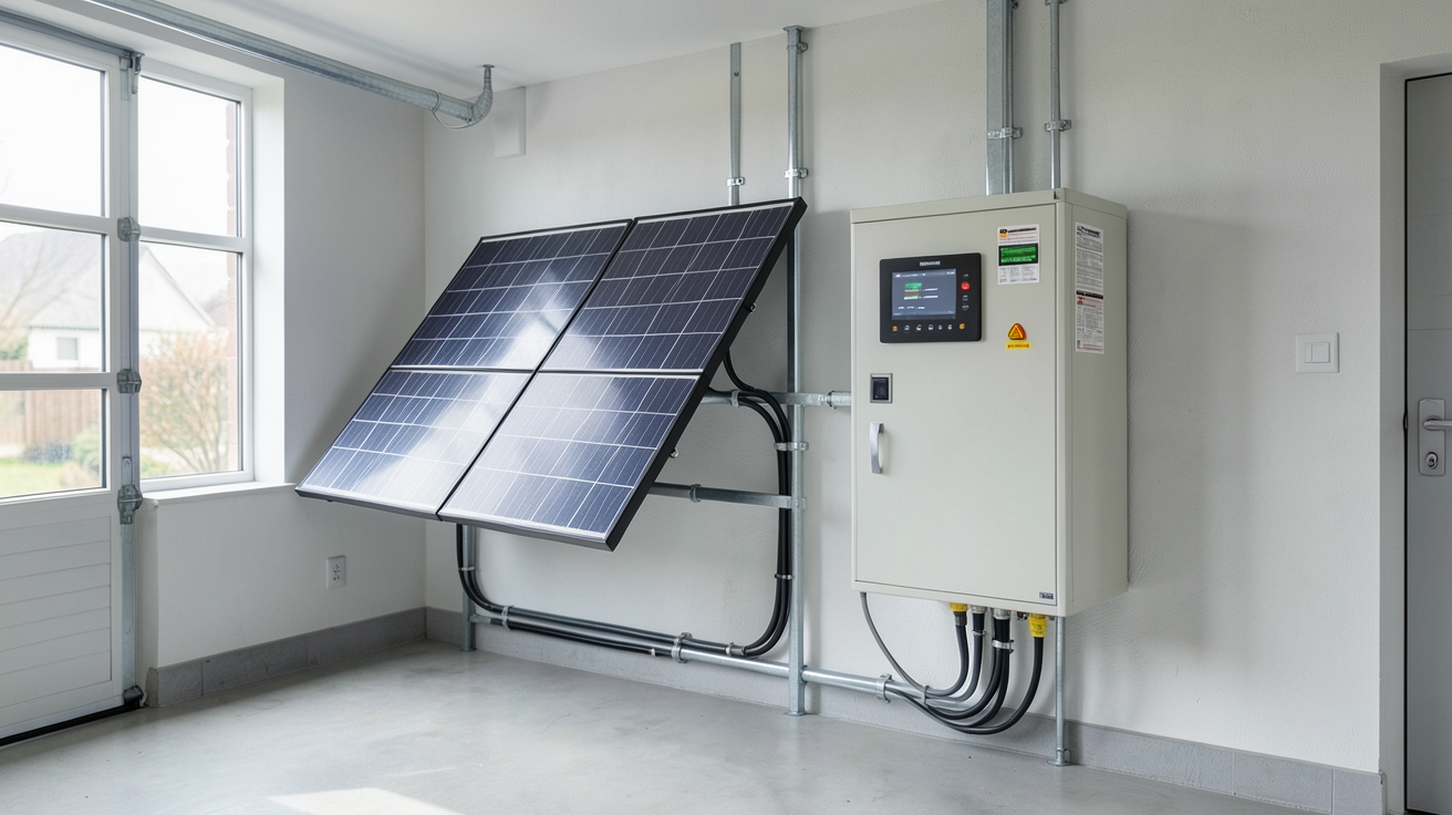 batterie de stockage panneau photovoltaique installée dans un garage moderne avec des panneaux solaires sur le toit