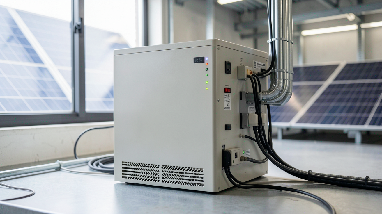 batterie de stockage solaire moderne installée dans un intérieur technique avec des panneaux solaires en arrière-plan