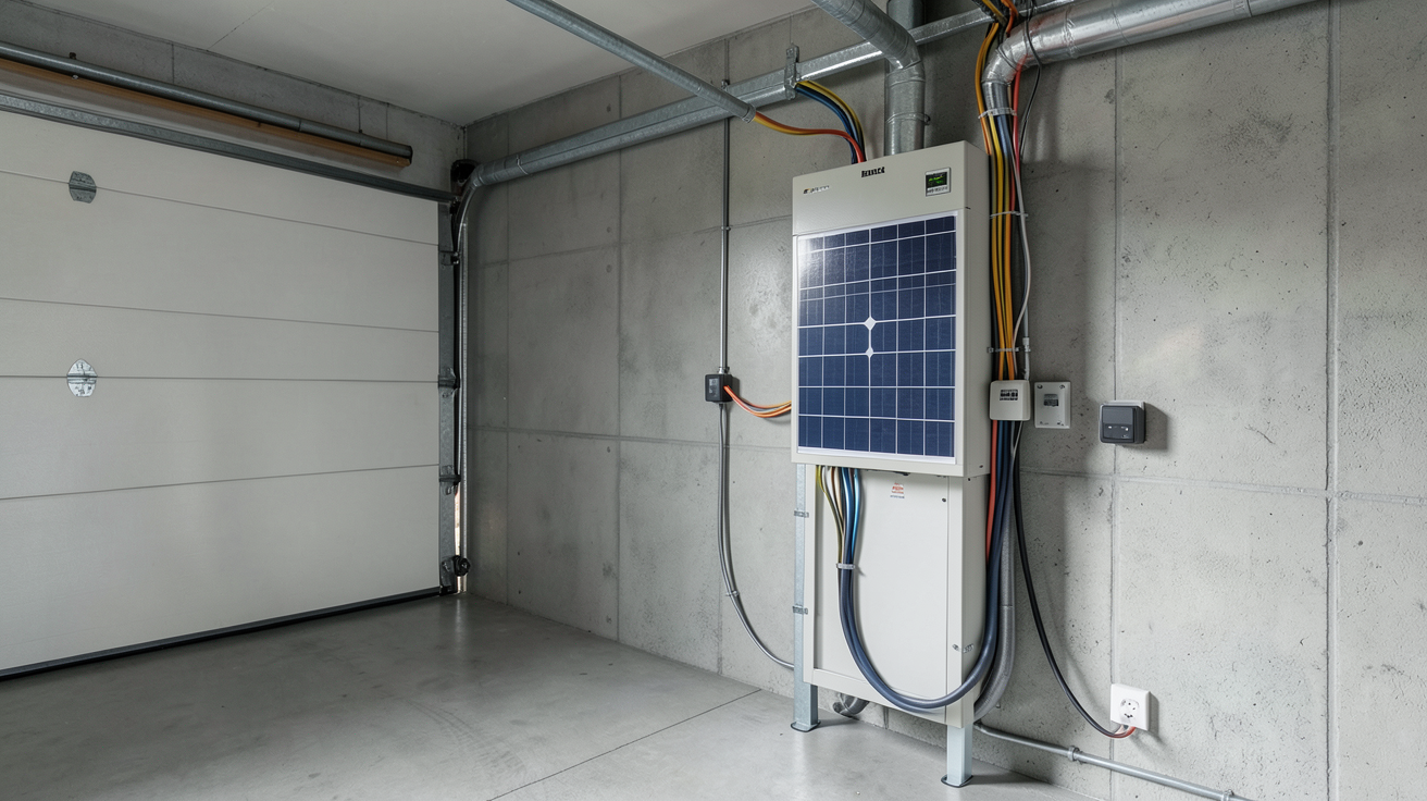 batterie de stockage pour panneaux solaires installée dans un garage technique d'une maison moderne