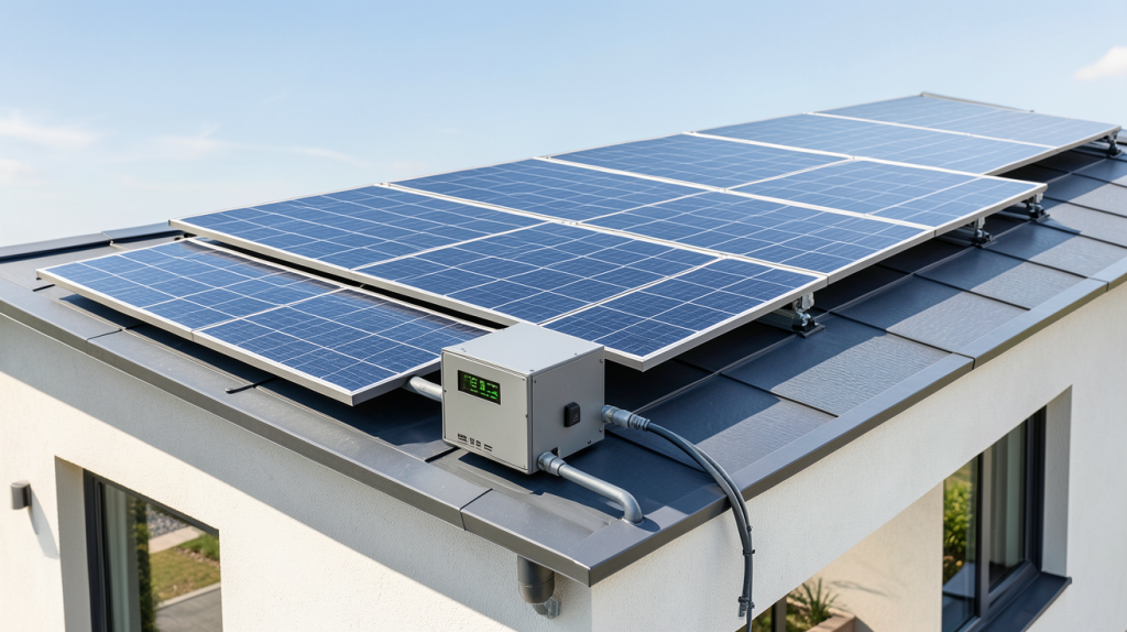 batterie de stockage panneau solaire installée sur le toit d'une maison moderne, connectée à un panneau solaire photovoltaïque