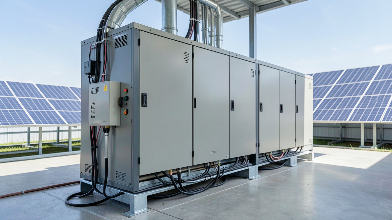 batterie de stockage photovoltaïque moderne dans un local technique avec panneaux solaires en arrière-plan