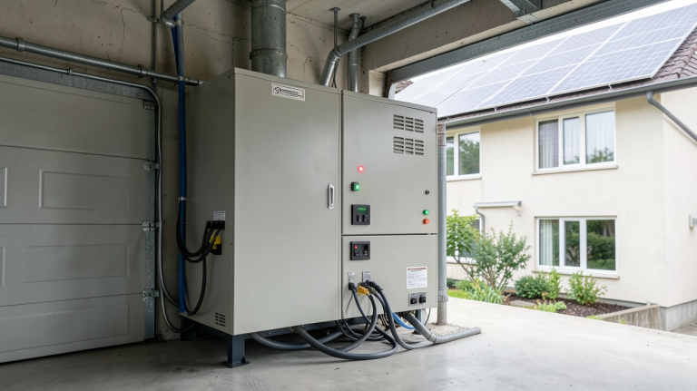batterie de stockage photovoltaïque installée dans un local technique avec des panneaux solaires sur le toit