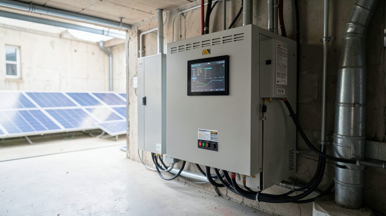 batterie de stockage photovoltaïque installée dans un garage technique avec panneaux solaires en arrière-plan