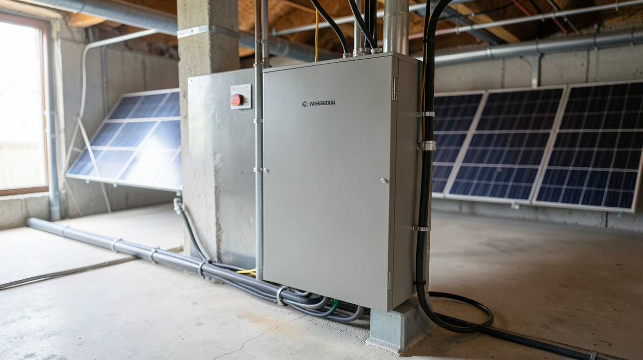 batterie de stockage photovoltaïque moderne installée dans un garage technique avec panneaux solaires en arrière-plan