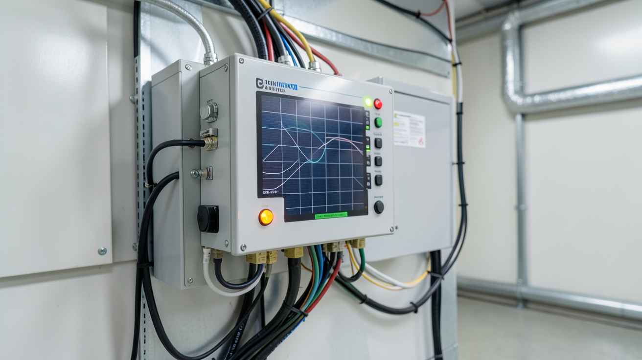 batterie de stockage pour panneau solaire affichant son fonctionnement technique avec voyants lumineux et câbles connectés