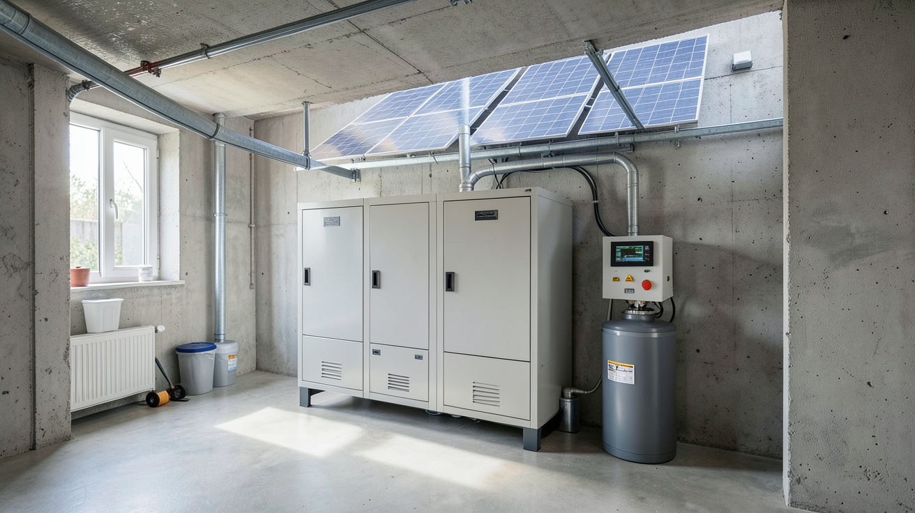 batterie de stockage pour panneau solaire installée dans un garage technique avec panneaux solaires sur le toit