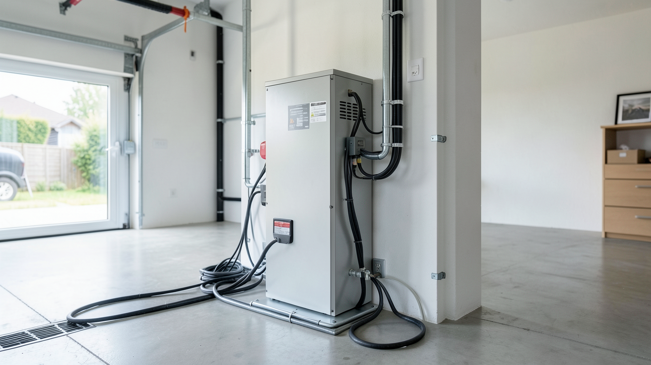 batterie de stockage pour panneau solaire lithium-ion installée dans un garage moderne