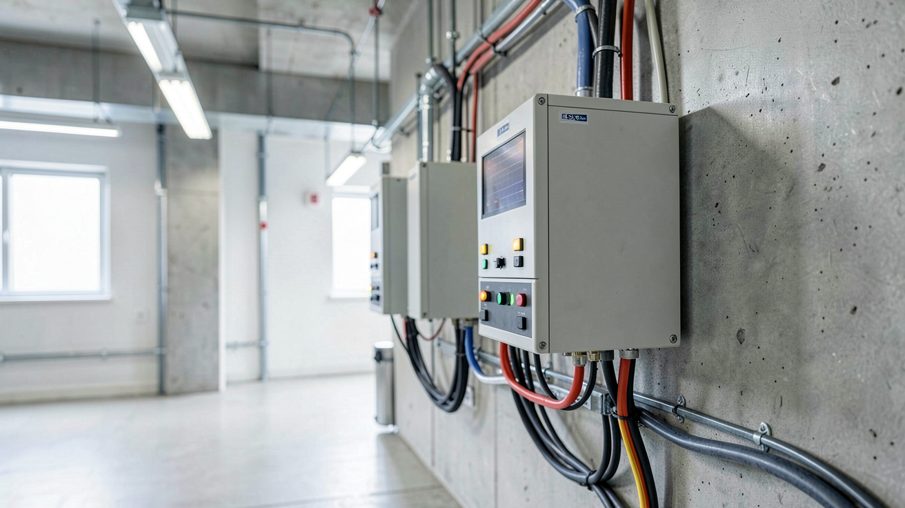 batterie de stockage solaire moderne installée dans un local technique, vue de face avec voyants lumineux