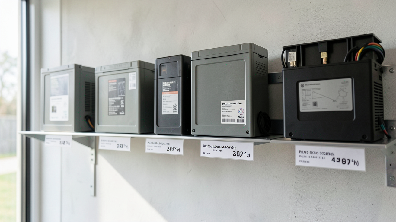 batterie de stockage solaire prix différents types de batteries alignées avec étiquettes de prix au kWh