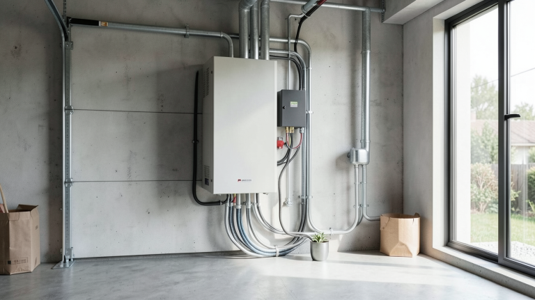batterie de stockage solaire prix installée dans un local technique d'une maison moderne