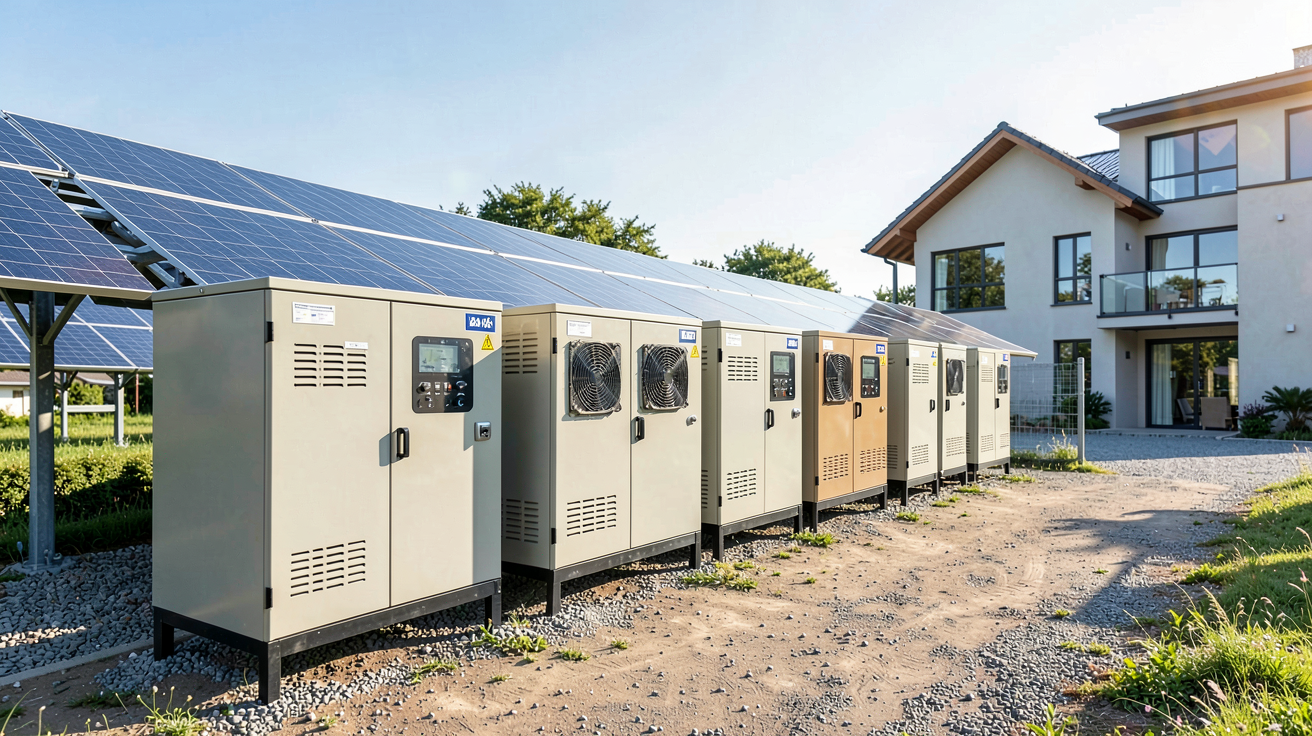 batterie de stockage solaire présentant différentes technologies de batteries alignées dans une installation domestique