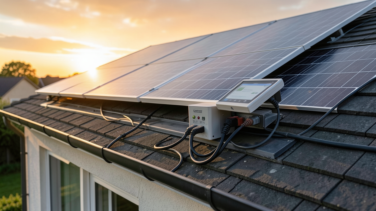 batterie domestique connectée à des panneaux solaires sur le toit d'une maison individuelle illustrant une étude de cas sur le retour sur investissement
